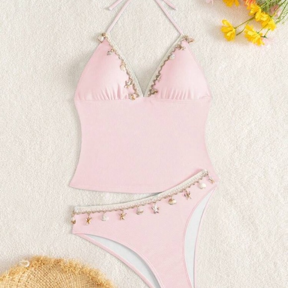 Swim Vcay New Style Heavily Embellished Shell Spaghetti Strap Top & Bikini Set - Picture 4 of 4